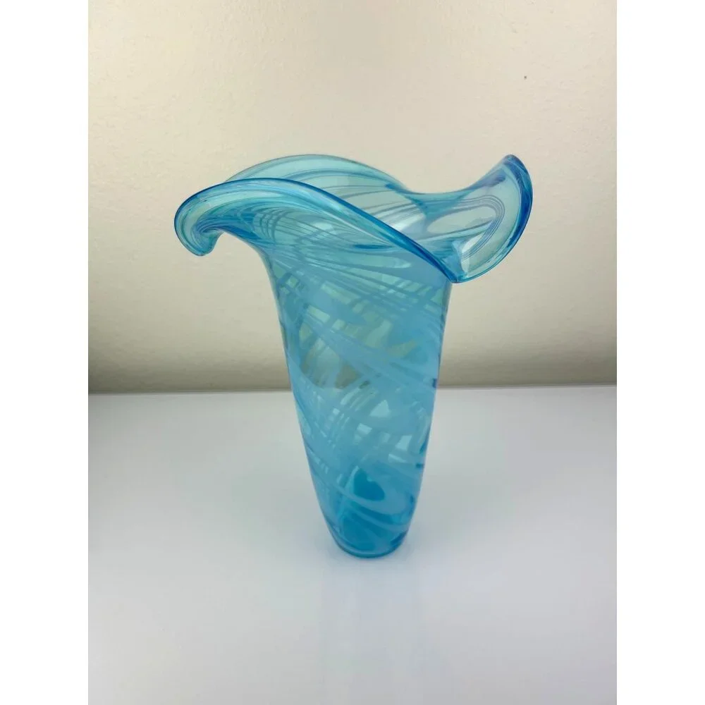 Blown Glass Art Fluted Aqua Blue & White Swirled Vase Home Decor 11.25